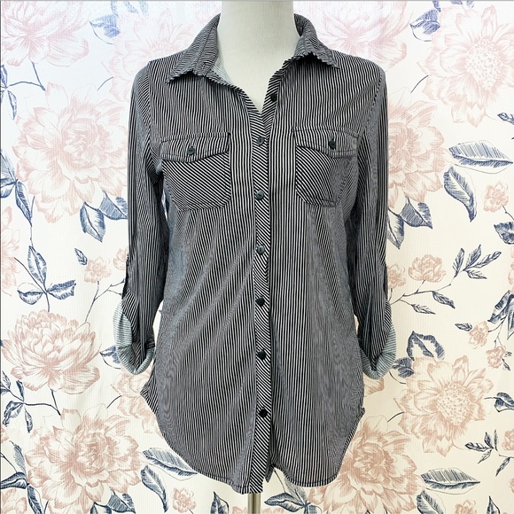 Mind Code |Striped Quarter Sleeve Button Down Top - Picture 1 of 6